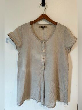 FLAX Cool Short Sleeve Tunic 100% Linen Women's Size Small Tan Button Front Boho